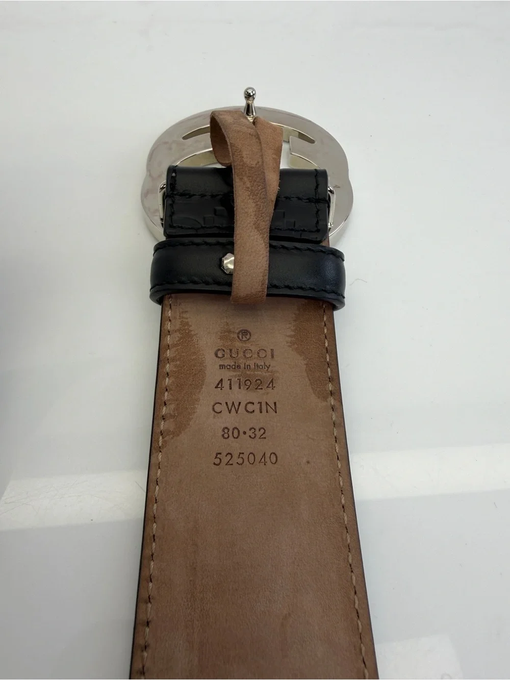 Authentic Gucci Guccissima Black Mens Leather Belt Gg Interlocking 80/32 411924
